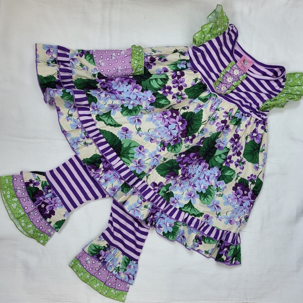 Gurlybird Purple Green Beige Floral Striped Ruffle Cotton Dress Set Size‎ 2T